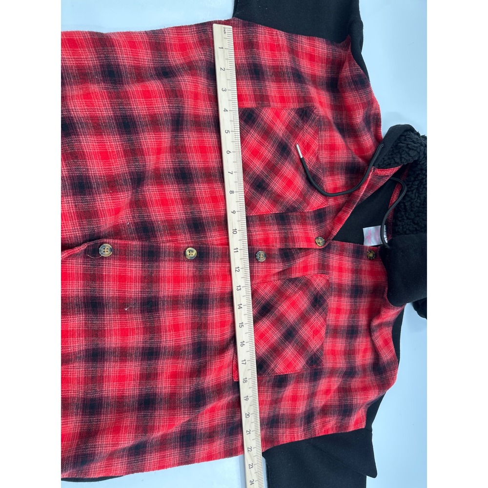 No Boundaries Red Black Plaid Hooded Shirt Jacket XL 15-17 Sherpa Hood - Picture 6 of 7